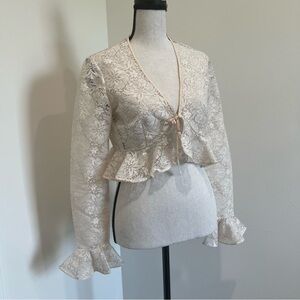 Vintage Hand-Sewn Elegant Cream Lace Ruffle Cardigan